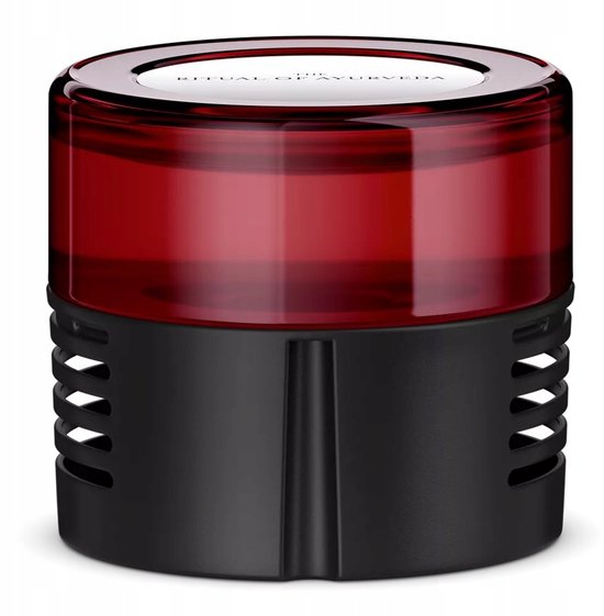 Rituals Ayurveda geurcartridge. Zwarte basis met een rood, transparant reservoir met het logo.