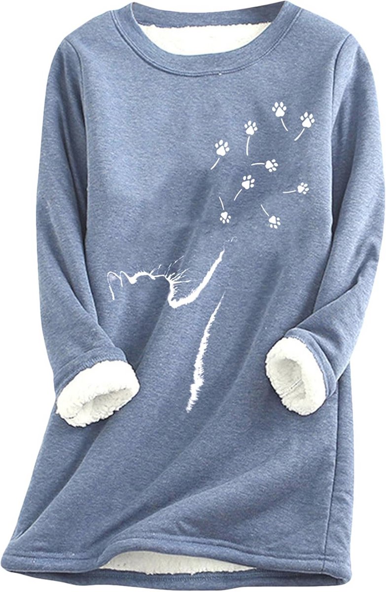 Dames Fleece Wintertrui met Kattenpatroon - Casual Ronde Hals Sweatshirt
