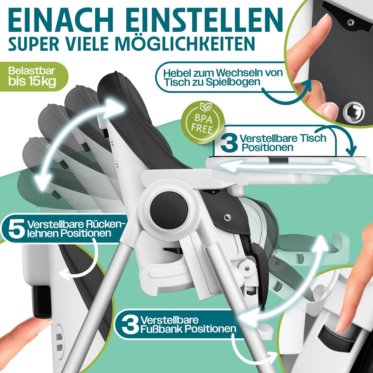 KIDIZ® 3in1 kinderstoel incl. speelbar, Eetstoel, Babystoel, combinatie kinderstoel, 7 in hoogte verstelbare rugleuning, meegroei van 0 maanden tot 6 jaar - Zwart thumbnail 6