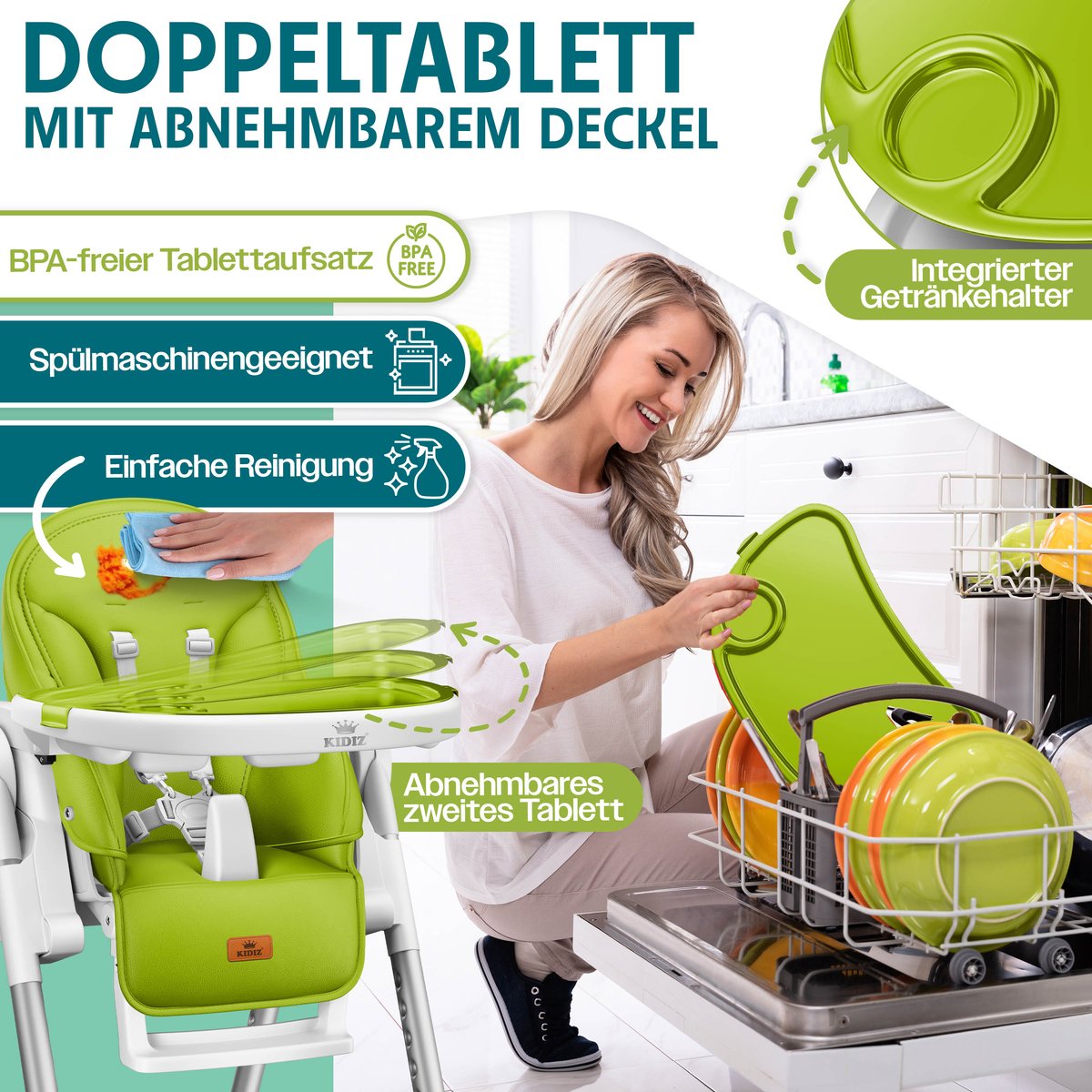 KIDIZ® 3in1 kinderstoel incl. speelbar, Eetstoel, Babystoel, combinatie kinderstoel, 7 in hoogte verstelbare rugleuning, meegroei van 0 maanden tot 6 jaar - Groen thumbnail 6