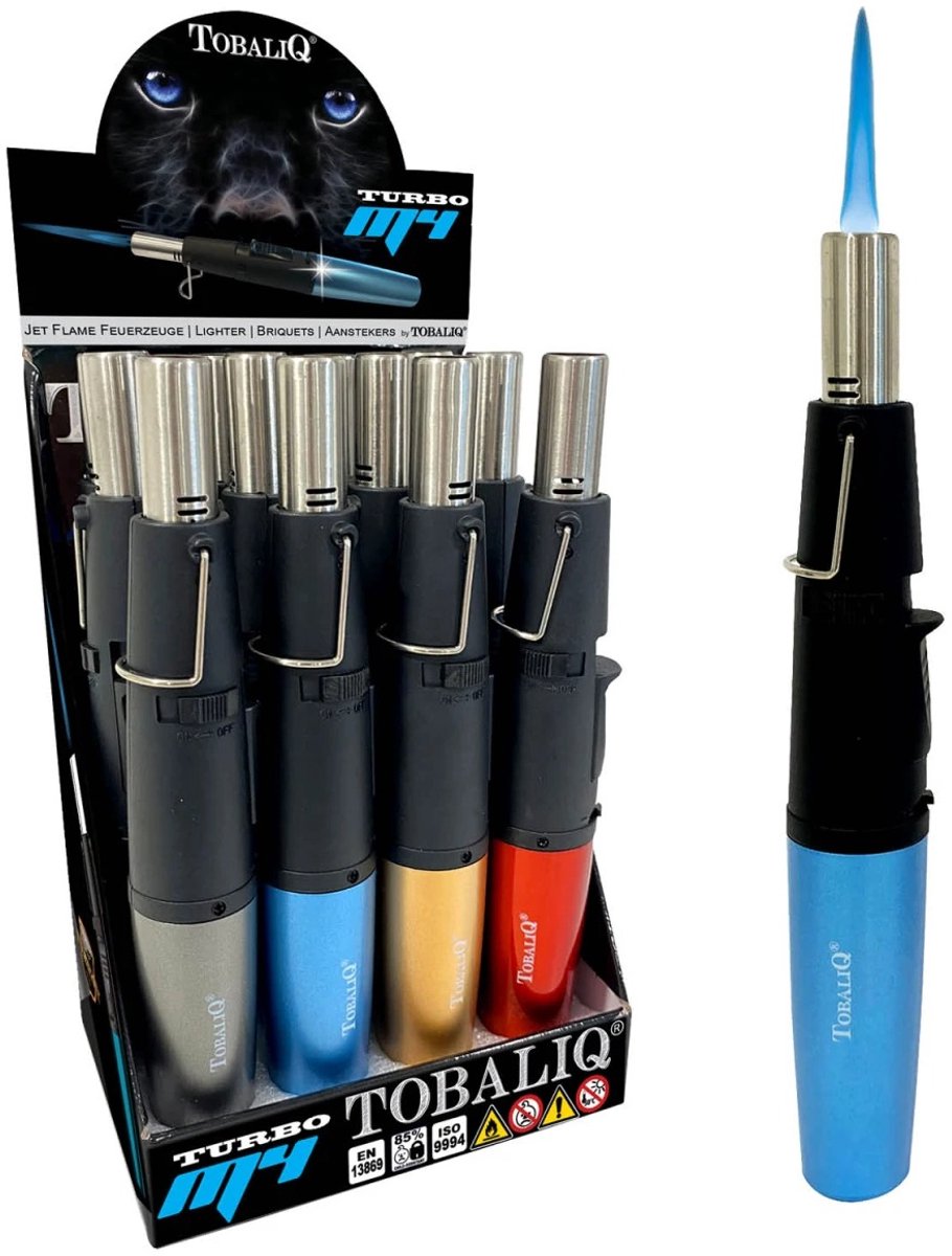 Tobaliq - Hervulbare Aansteker - Vuurwerk Aansteker - Gasbrander - Gasaansteker - BBQ - Windproof - Zwart - M4 Turbo Metallic - Display van 12 Stuks