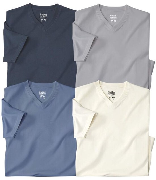 Vier Atlas For Men V-hals T-shirts, in donkerblauw, grijs, blauw en off-white.