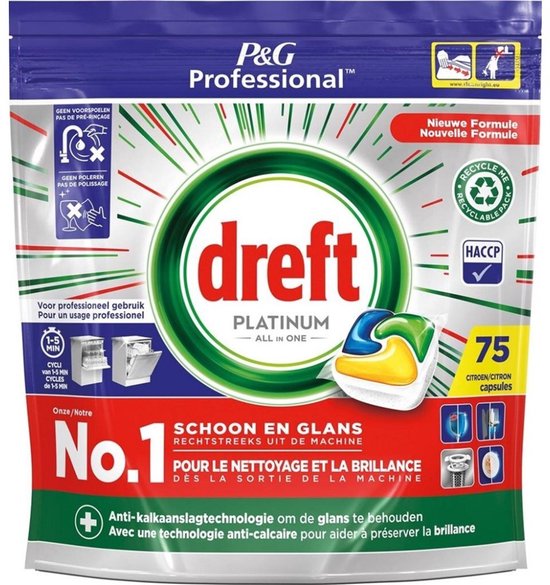 Dreft Professional - Platinum All In One - Vaatwascapsules - Citroen - Antikalkaanslag - 75 Capsules