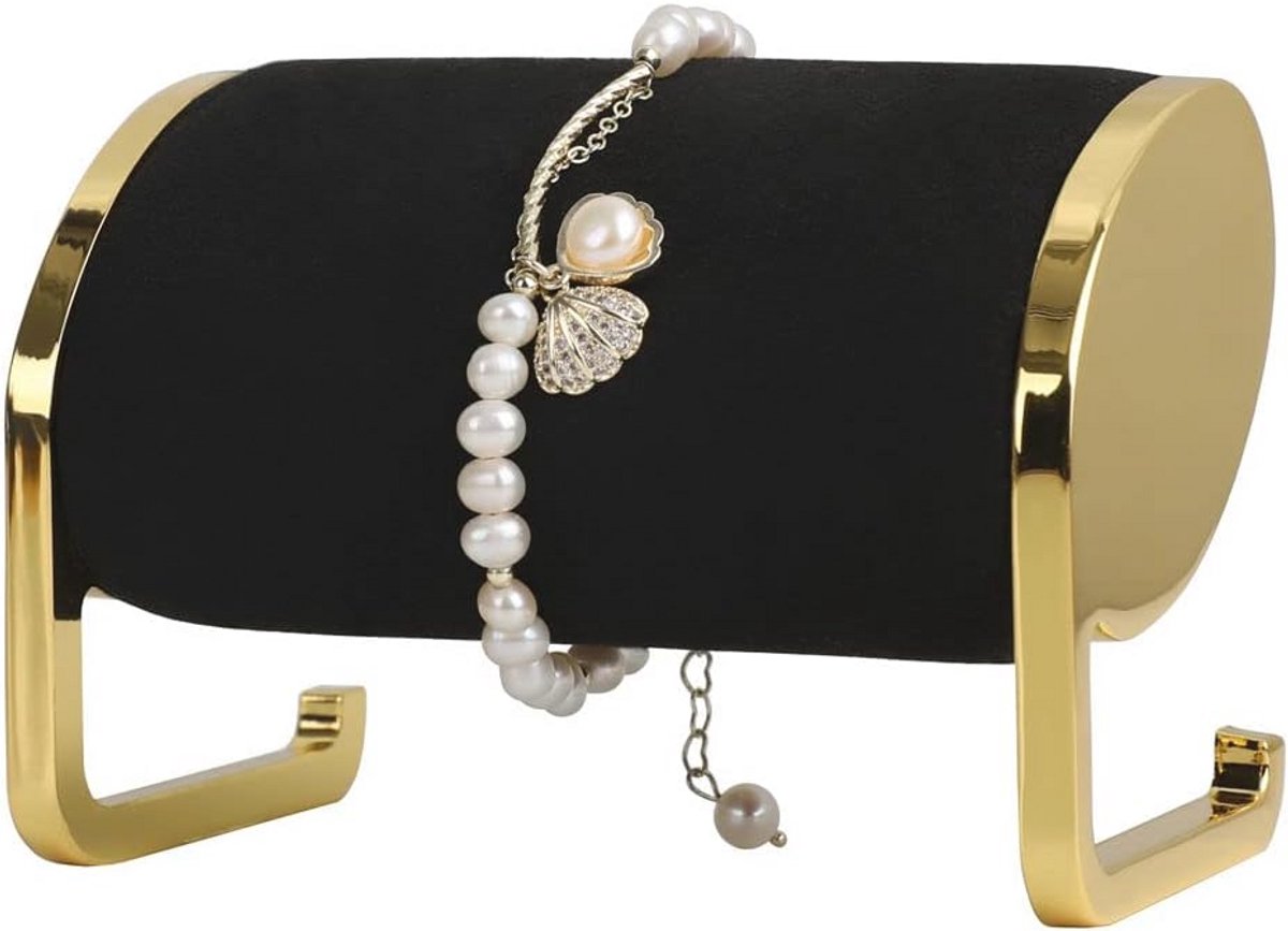 Gouden metalen armband display houder met zwart fluwelen deksel voor sieraden en horloges