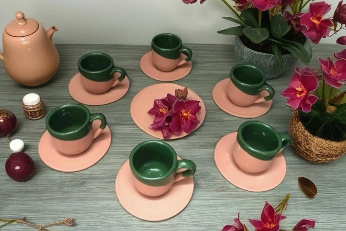 Keramiek handgemaakt espressoset - koffiekopjes en schoteltjes - 6 stuks - donker groen en vaatwasbestendig
