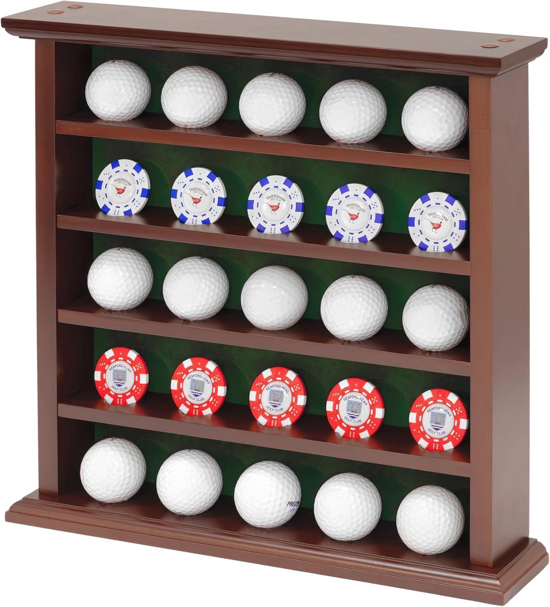 Houten Vitrine Rack voor 25 Golfballen met Groene Fluwelen Achtergrond