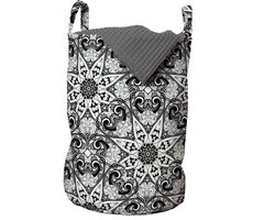 ABAKUHAUS Mandala-waszak, Oostaziatisch patroon, wasmand met draaggrepen, koordsluiting, voor wasserettes, 33 cm breed x 49 cm hoog, zwart-wit