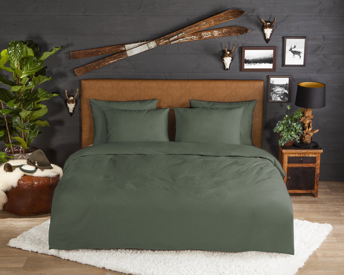 Good Morning dekbedovertrek effen kleur - Lits jumeaux 240x200/220 cm - Olijfgroen - 100% Katoen flanel