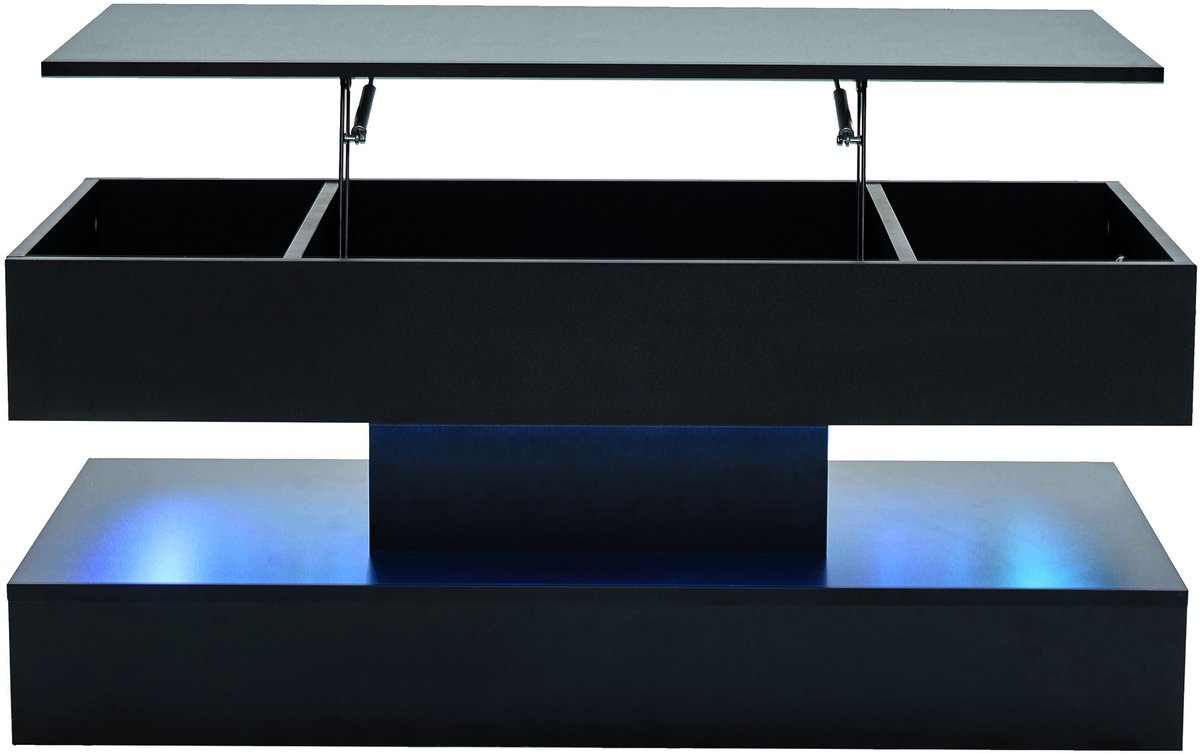 MODFU Salontafel 100x50x42 cm van spaanplaat, zwart, verstelbaar blad met LED-verlichting en opbergruimte