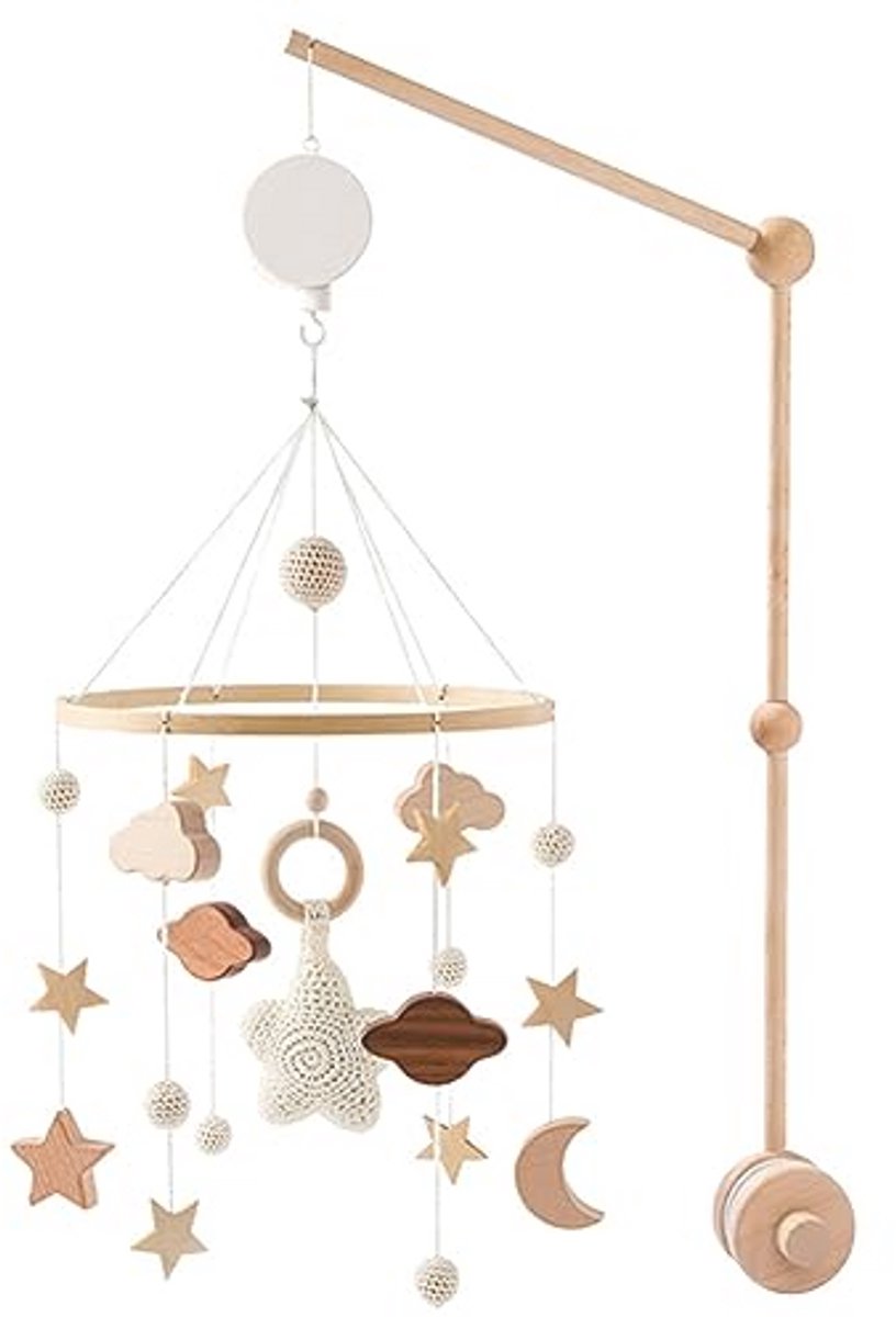Mobiel houten babybed met muziekdoos en sterren | Babykamer decoratie