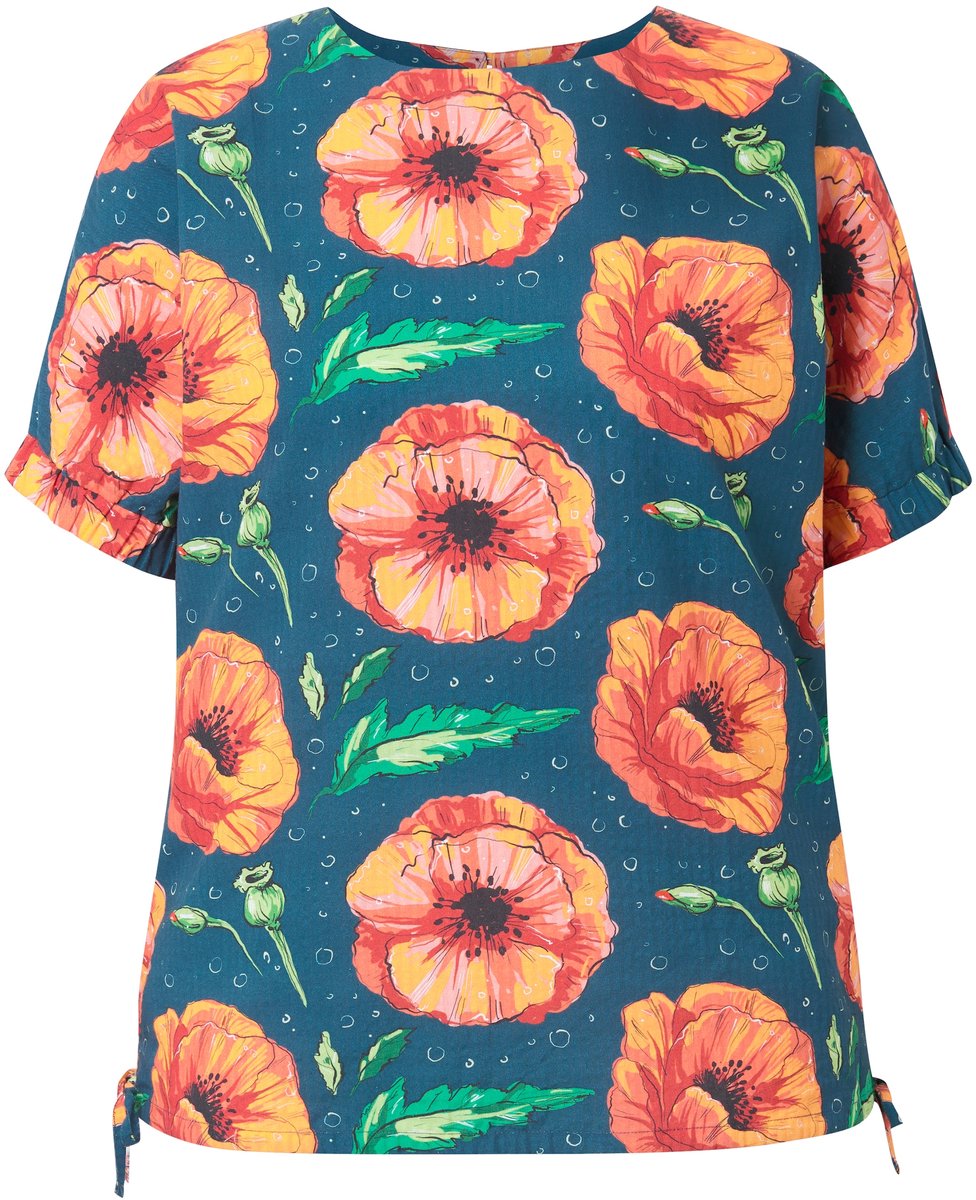 Ulla Popken - Dames - Blousetop klaproos ronde hals halve mouw - Petrol - Maat 50+