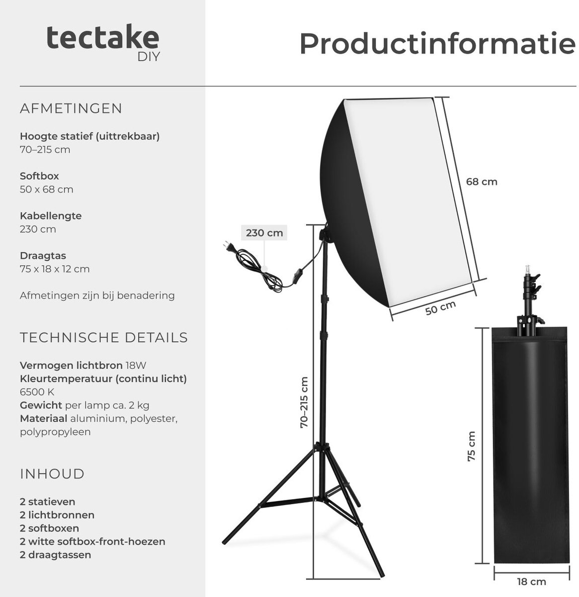 PIXETOOL Softbox Set – 2x 50x70cm – 2x 48W LED – 4800 Lumen – 3000-6000K – Incl. Statief En Paraplu’s – Draagtas