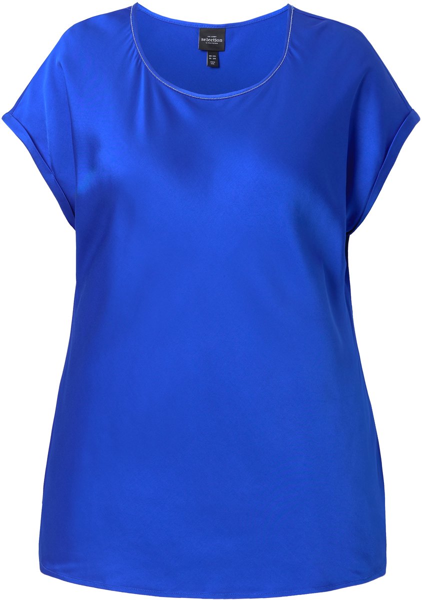 Ulla Popken - Dames - Satijnen overhemdblouse classic ronde hals met glitternaad - Kobaltblauw - Maat 50+