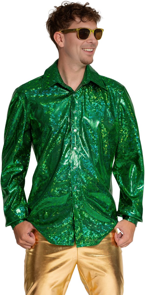 Partychimp Shiny Disco Shirt Green voor Heren Carnavalskleding Foute Party Verkleedkleding Volwassenen Heren Toppers 2026- Disco- Shiny- Polyester - 3XL