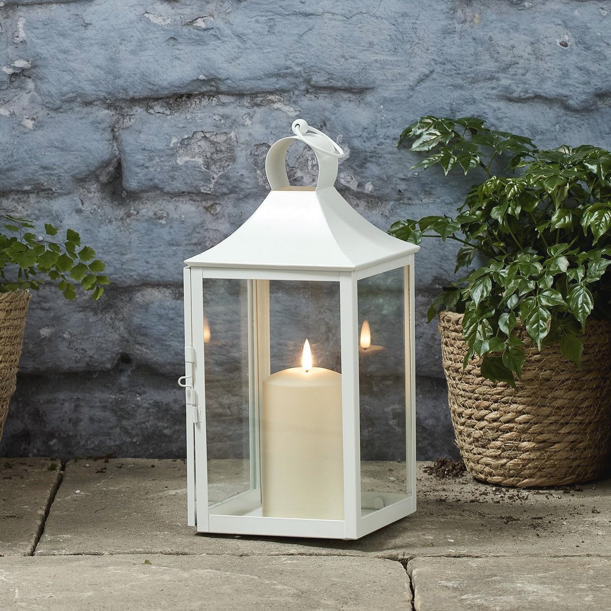 Moderne Witte Tuinlantaarn met TruGlow LED Kaars en Timer - 34 cm