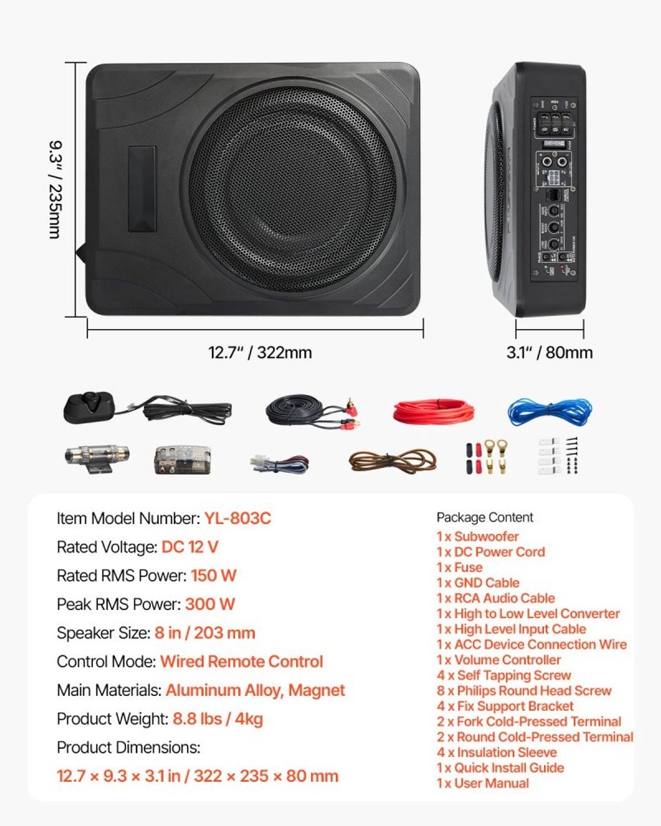 Subwoofer voor in de auto - Onderstoel actieve 300W - Ingebouwde versterker - Platte compacte behuizing - Hoge/lage ingang - Volumeregeling - Voor SUV, vrachtwagen en camper – foto 7