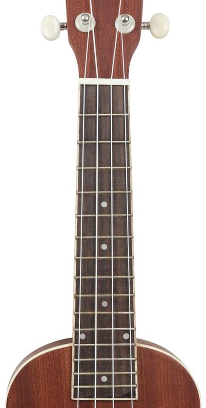 Hals en toets van een bruine ukelele met witte fretten.