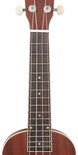 Hals en toets van een bruine ukelele met witte fretten.
