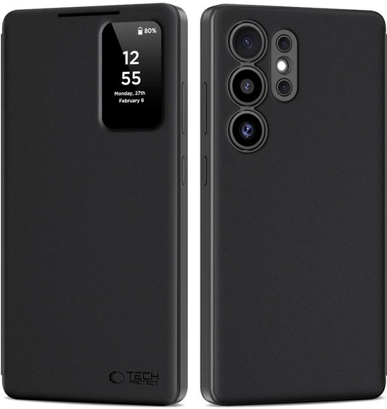 Coque noire Tech-Protect avec fenêtre intelligente affichant 12:55.