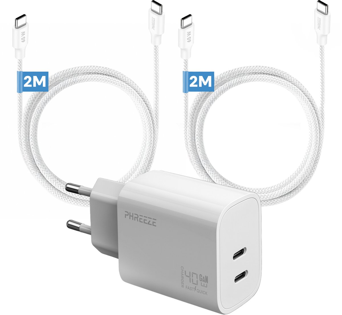 Phreeze usb C power adapter 40 W - Dual port GaN oplader met 2 usb C kabels - Snellader usb C - 2 meter