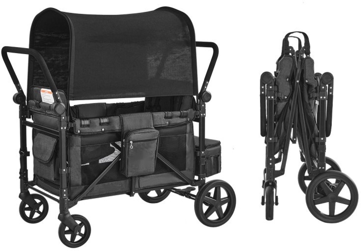 4-Persoons Kinderwagen - Reisbuggy/Bolderkar - Duw- en Trekfunctie - Verstelbare Handgreep - Veiligheidsgordels - Afneembare Luifel - Max. 150 kg - Donkergrijs/Zwart