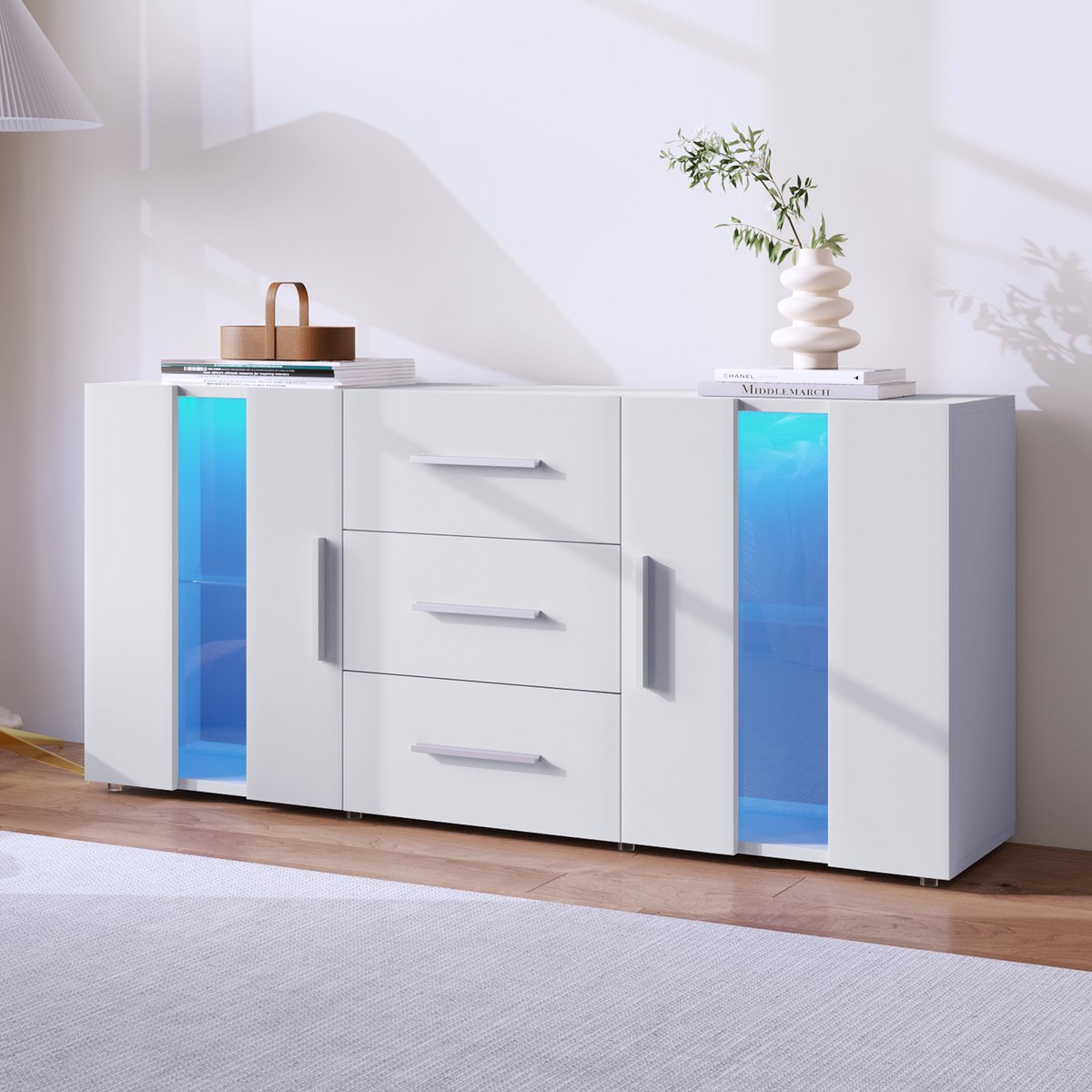 OKWISH Dressoirs - Sideboard Met LED Verlichting - Modern TV Kast Voor Woonkamer En Eetkamer - 140×35×70 cm - Spaanplaat - Wit