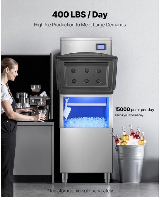IJsblokjesmachine - Commerciële Bovenunit (Alleen Kop) - Capaciteit 181 kg per dag - Roestvrij Staal + PE-Kunststof - Slim Bedieningspaneel - Reiniging met Eén Knop - Voor Horeca van Merkloos — afbeelding 3