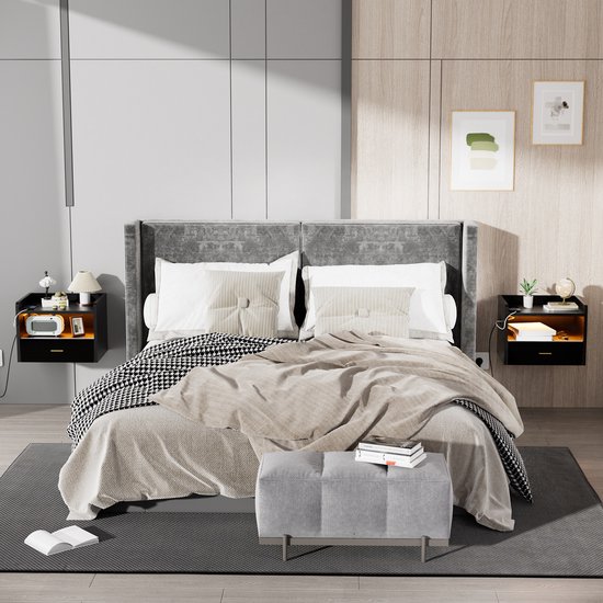 Table de chevet murale noire 2 pièces - Tiroir à 1 compartiment et station de recharge | 1 Outlet + 2USB ports USB ( Power européenne) | Table de chevet en Wood avec bande lumineuse LED | Solution de rangement mural pour chambre à coucher