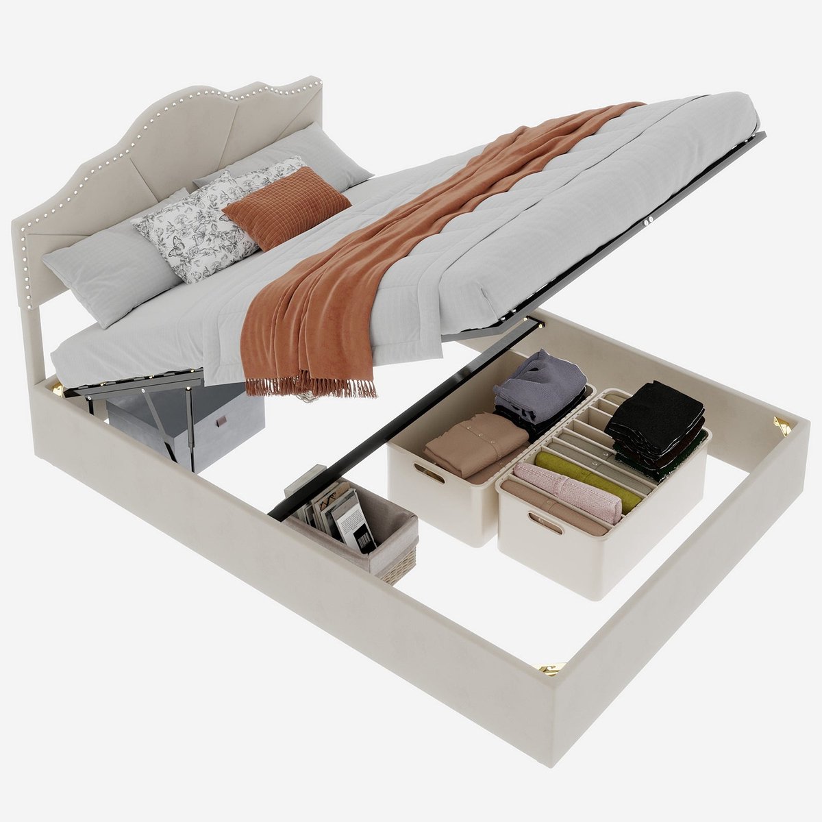 Merax Gestoffeerd Bed 140x200 - Fluwelen Stof Beige - Bed met Opbergruimte - Metalen Frame - Houten Lattenbodem - Zonder Matras