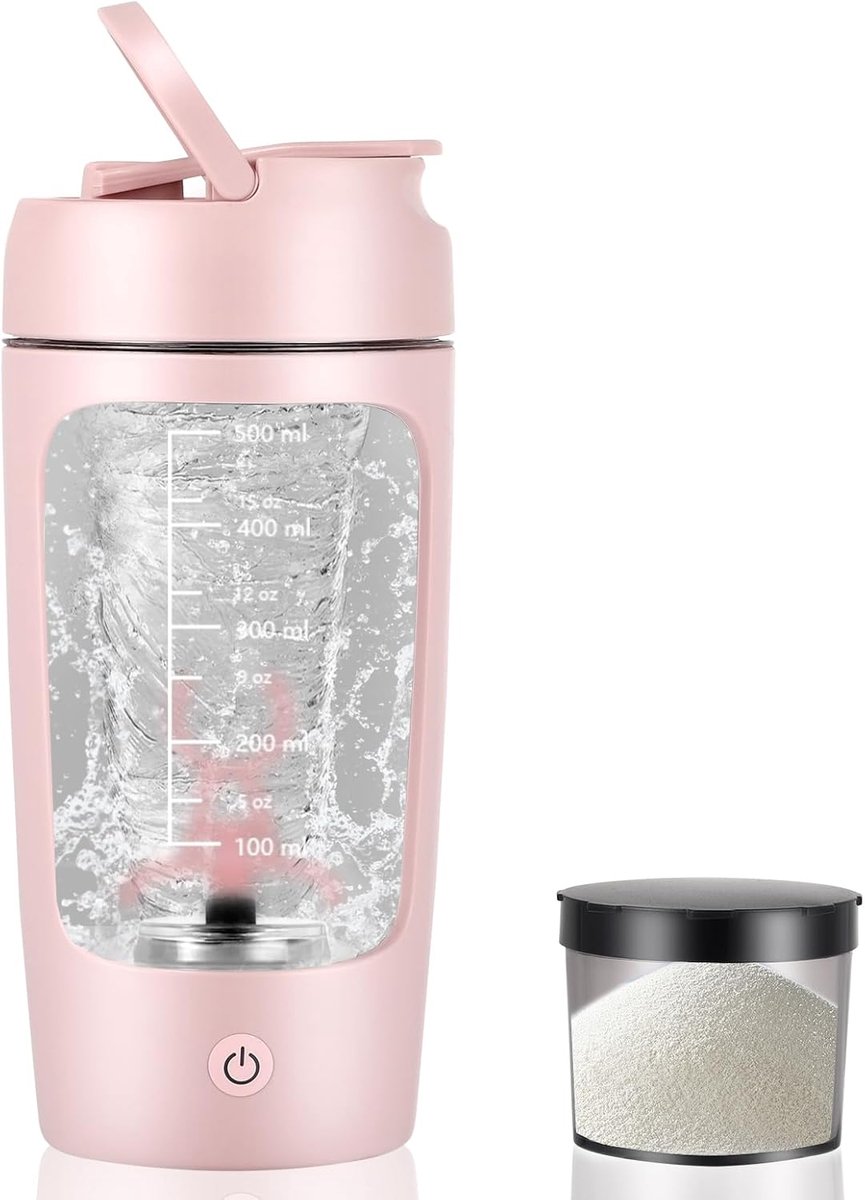 Automatische roerbeker, 650 ml automatische koffie-/milkshakemaker, USB oplaadbaar, met geïntegreerde poedercontainer, geschikt voor sport en fitness (roze)