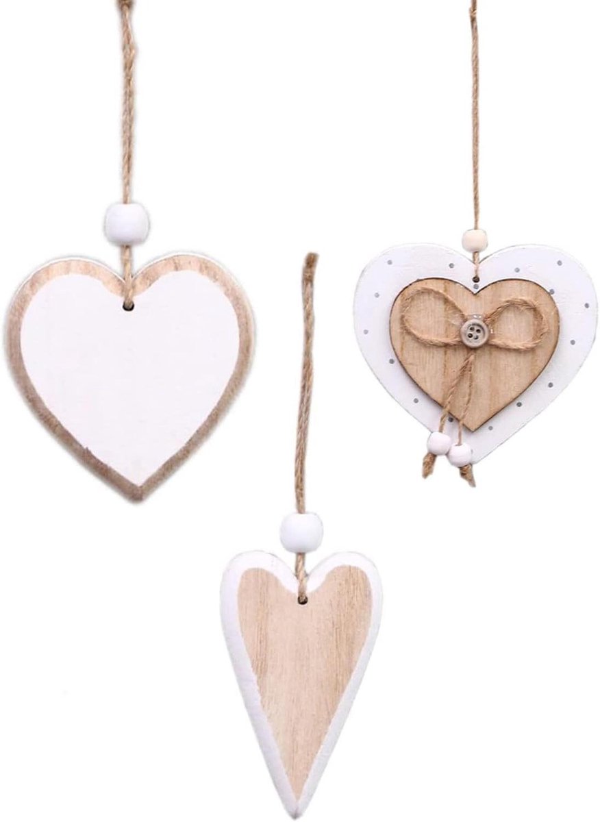 EGoods - Set van 3 houten hartvormige raamdecoratie hangers - Decoratief cadeau-idee voor kerst in hartvorm