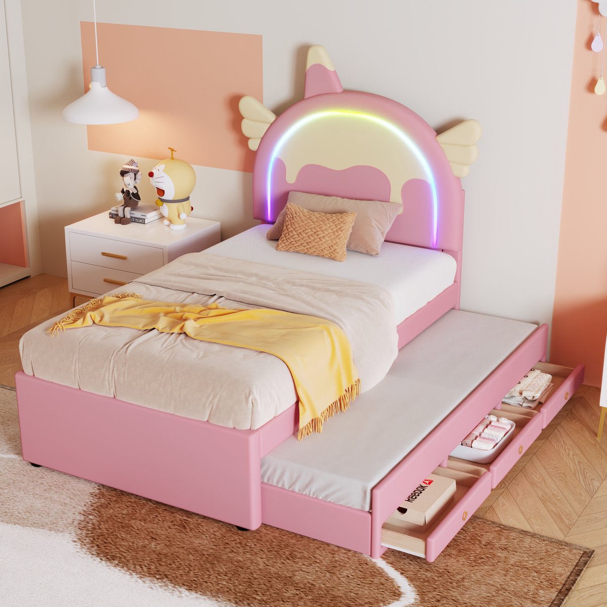 OKWISH Peuterbed 90x200 - Kinderbed Eenpersoonsbed met Schuifbed en Opberglade, Cartoon Eenhoorn Design - PU - Roze