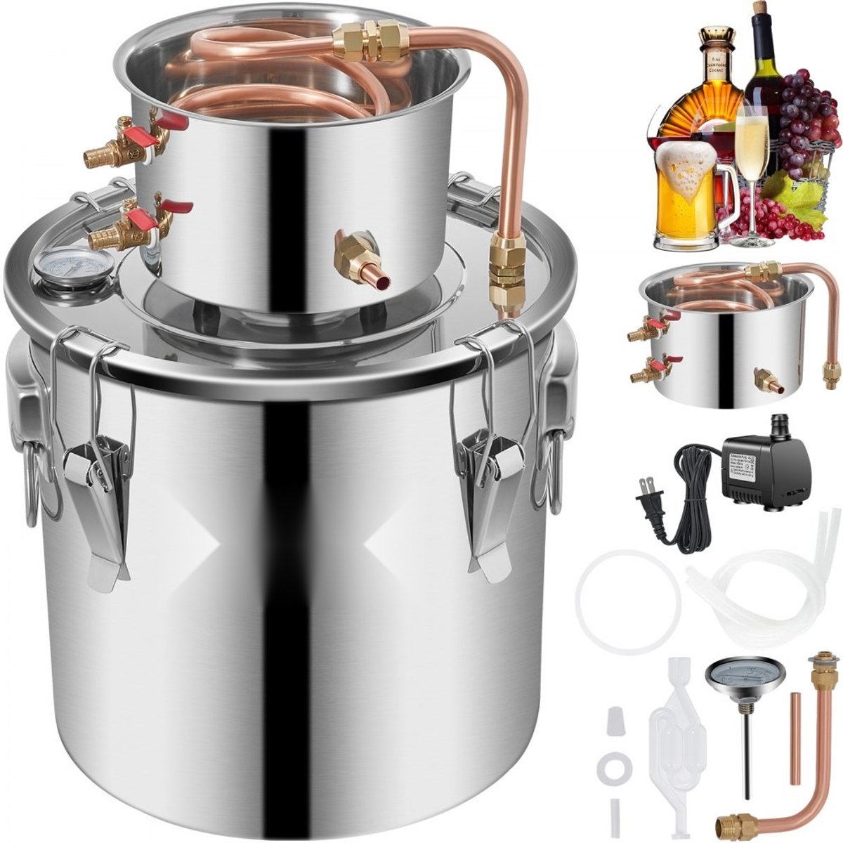 Alcohol Distilleerapparaat - Distilleerketel 19 L - Met Circulatiepomp - Koperen Koelspiraal - Ingebouwde Thermometer - Compleet Whiskey Stookset