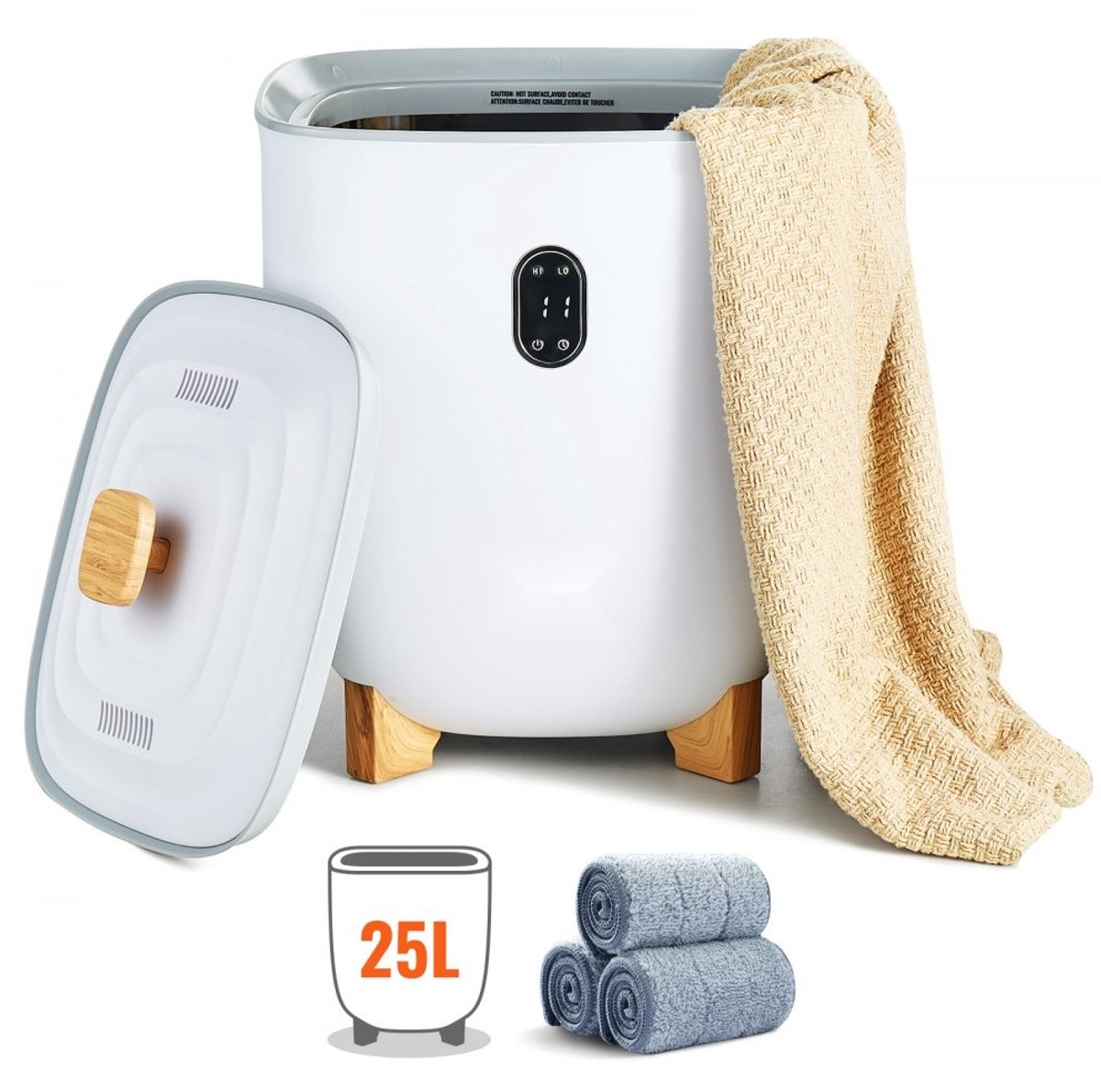 Handdoekverwarmer - Handdoekwarmer Emmer 25 L - LED-scherm - Verwarmingselementen onderin - Instelbare timer - Automatische uitschakeling - Wit