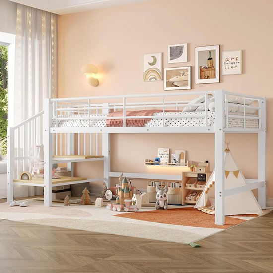 Lit mezzanine demi-hauteur Pugsdrly 90 x 200 avec échelle de rangement, blanc