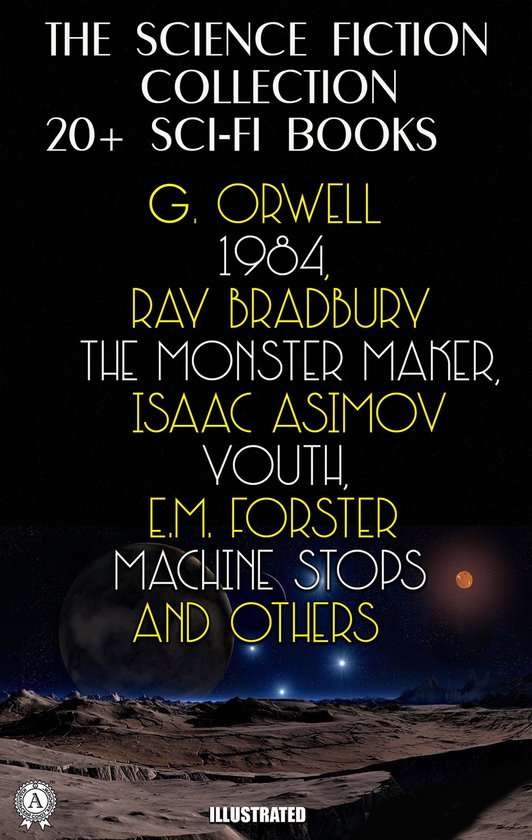 Collection de science-fiction avec plus de 20 livres, y compris '1984', 'The Monster Maker', 'Youth' et 'Machine Stops'.