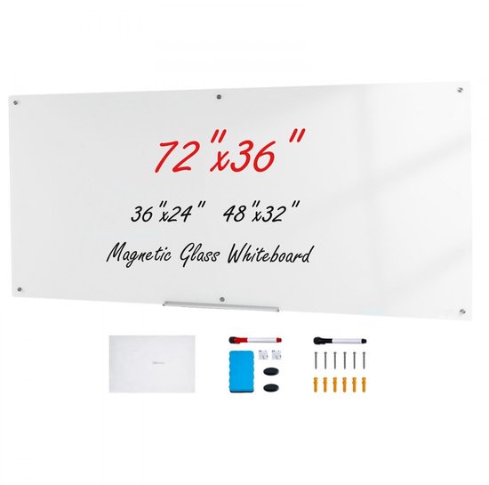 Wit glazen whiteboard met maten '72"x36"', '36"x24"', '48"x32"' en meegeleverde accessoires.