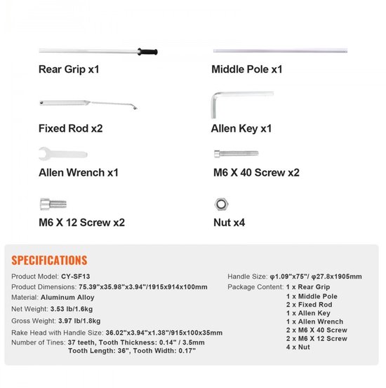 Gazonhark - Aluminium Landhark - 37 Tanden - Werkbreedte 91,4 cm - Steel 190,5 cm - Veervergrendeling - Geschikt voor land en water — afbeelding 3