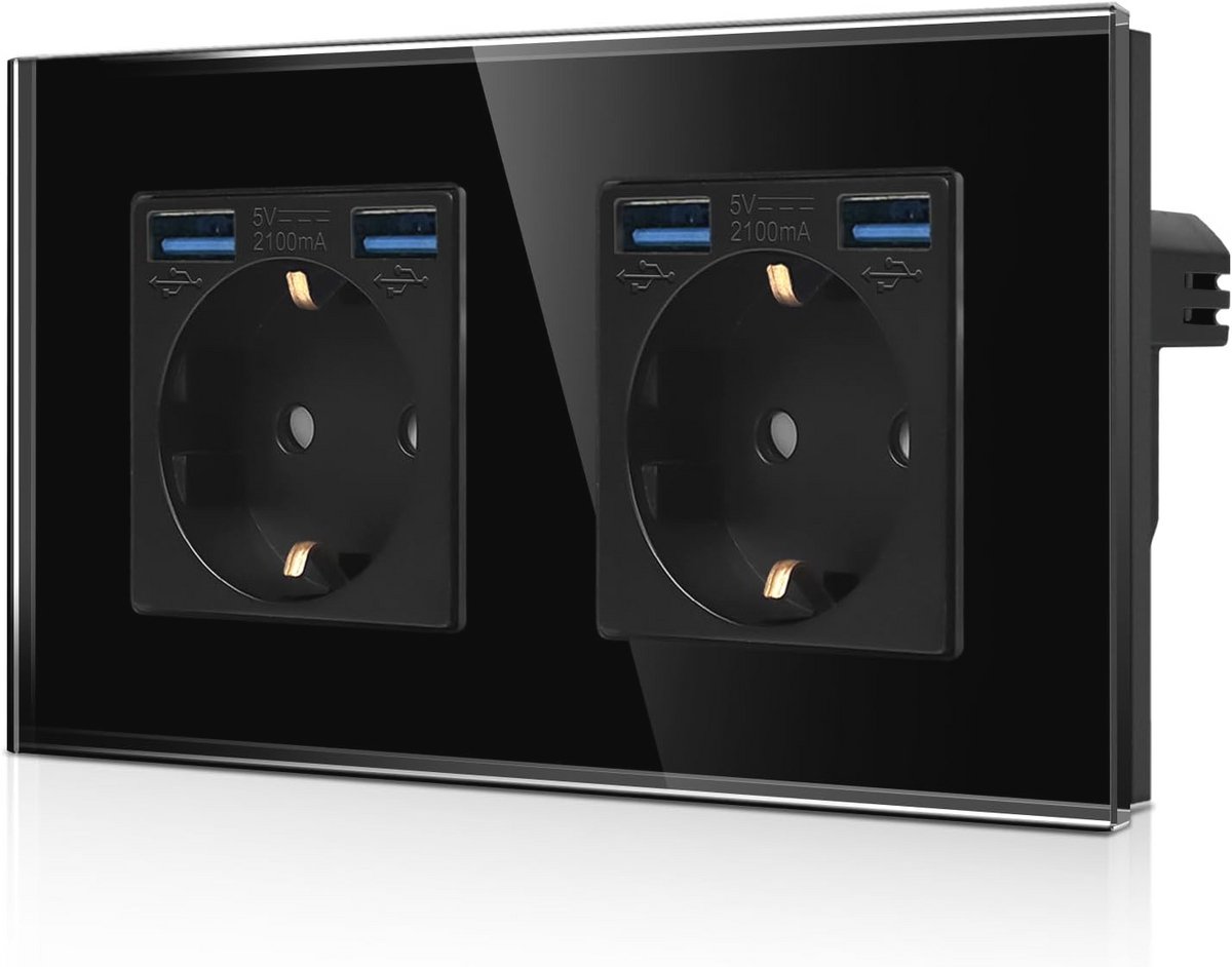 Dubbel Stopcontact met 4 USB-Poorten voor Snelladen - Inbouw Schuko Stopcontact - Zwart