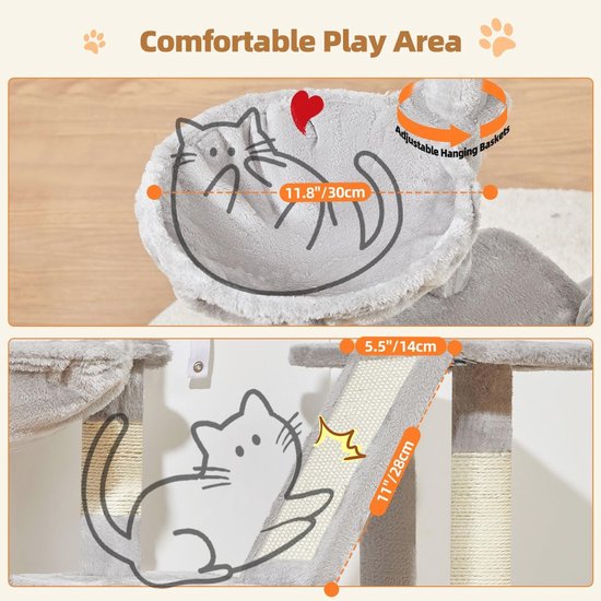 Taoqimiao Krabpaal MS029SG, 98CM Krabpaal Kat met 4 Krabpalen, 1 Platformen, 1 Grotten, Mand, Kattenkrabbord, Pluche Ballen, Donkergrijs