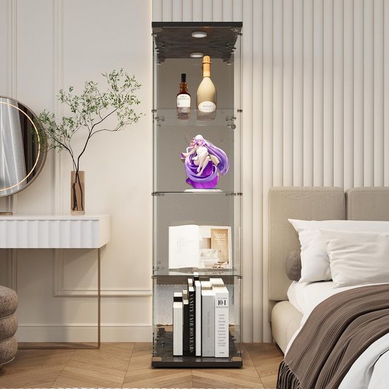 Merax Vitrinekast Met LED Verlichting - Moderne Glazen Vitrine 50x40x160 Cm Zwart Met 3 Planken En Lade