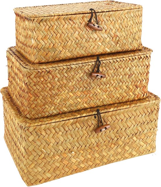 3-delig set opbergkorf van zeegras - 37, 32, 26 cm - Korfset van zeegras met deksel - Multifunctioneel opbergmandje natuurlijk 3-delig set opbergkorf van zeegras - 37, 32, 26 cm - Korfset van zeegras met deksel - Multifunctioneel opbergmandje natuurlijk