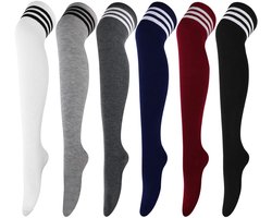 6 paar over-de-knie kousen - Casual hoge sokken - Geschikt voor meisjes en vrouwen - Dijhoge sokken met drie strepen - Perfect voor uniformen - Afslankende en flatterende extra lange sokken - Zachte, comfortabele en elastische sokken