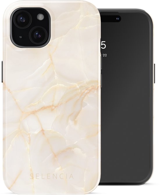 Coque de téléphone marbrée "SELENCIA" à côté d'un téléphone.