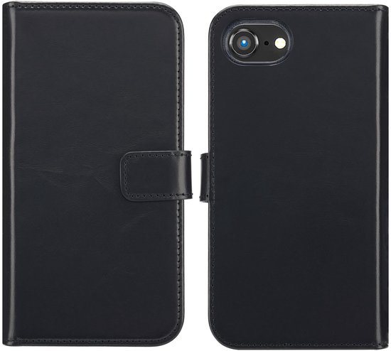 Étui portefeuille noir en cuir, ouvert côté téléphone devant, fermé côté téléphone derrière.