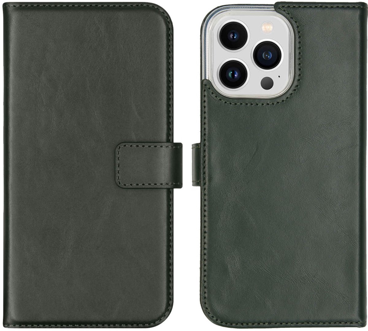 Selencia Hoesje - Geschikt voor Apple iPhone 14 Pro Max - Echt Lederen Bookcase - Groen
