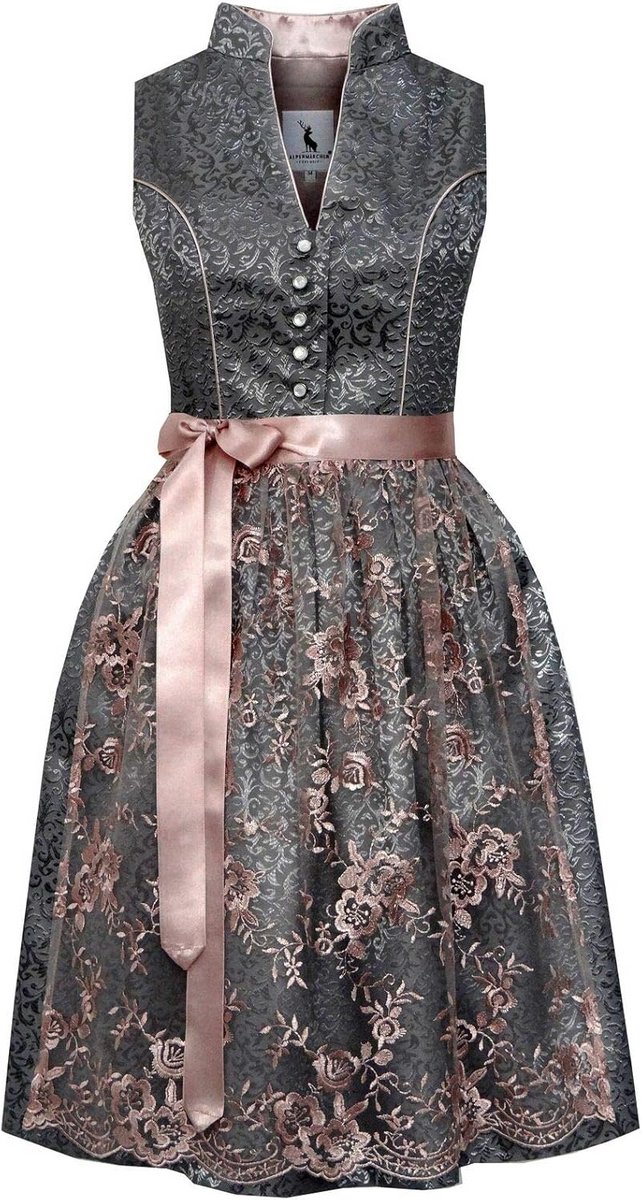 Midi Dirndl Grijs Oudroze Klassiek – Exclusieve Tracht Jurk met Kanten Schort