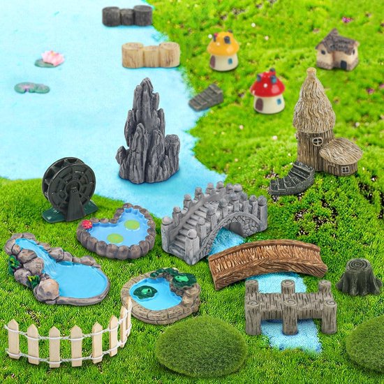 21-delige Fee Tuin Miniaturen Set - Brug Huis Landschap Accessoires met Water Fontein en Paddenstoel - Voor DIY Handwerk en Tuin Decoratie — afbeelding 3
