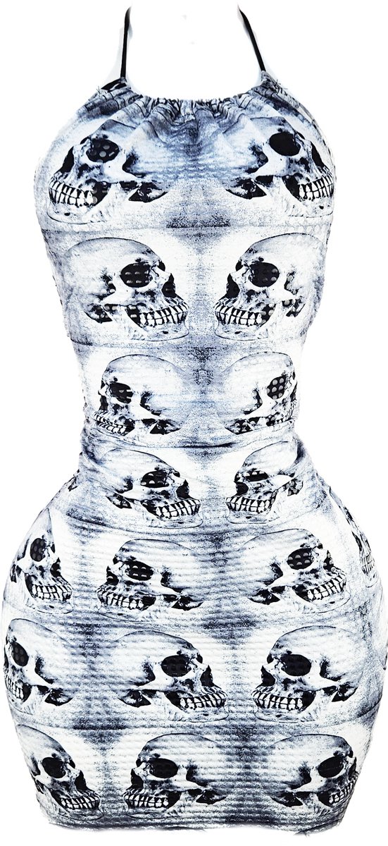 BamBella ® - Jurk - Maat XXL - Skull Gothic print wit zwart skulls doodshoofd kort mini jurkje kleed