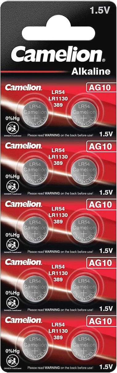 Alkaline Knoopcellen zonder Kwik AG10/LR54/LR1130/389 - Verpakking van 10 Stuks 1,5 Volt